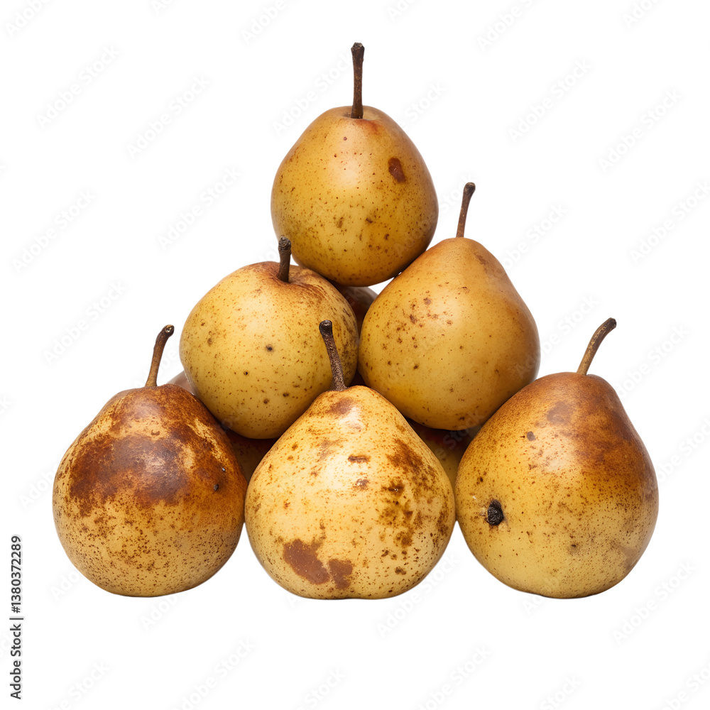 A pyramid of six ripe yellow pears with brown spots showing their natural aging process transparent background Generative AI A pyramid of six ripe yellow pears with brown spots showing their natural aging process transparent background Generative AI