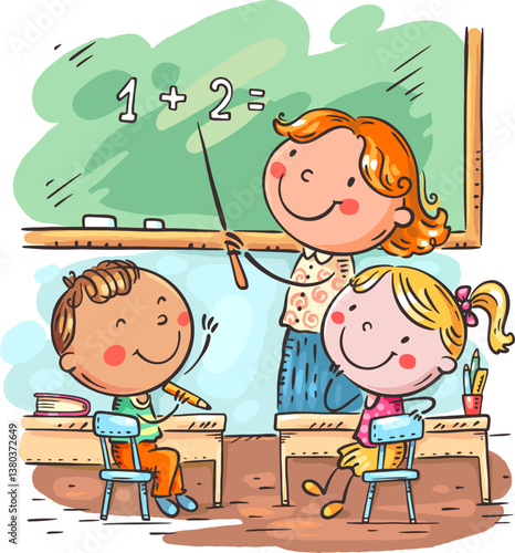 Teacher teaching math to his little pupils. Kids learning mathematics in classroom. Back to school vector illustration