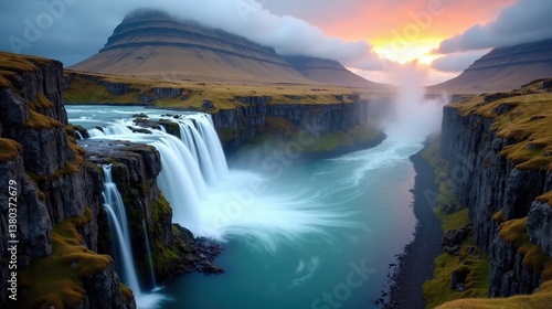 Wallpaper Mural Overhead view of Steinsdalsfossen waterfall in Norway, captured during dawn with cloudy skies. Torontodigital.ca