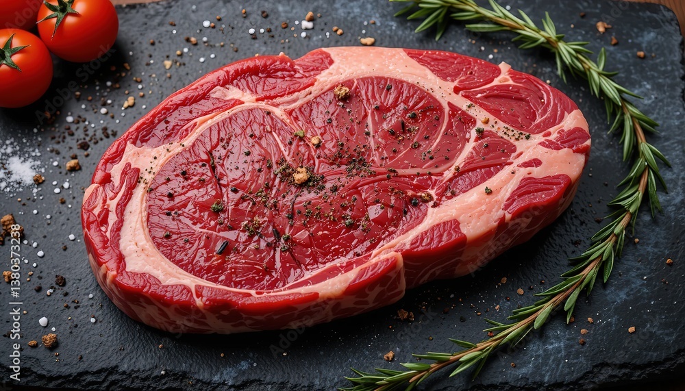 Fresh raw beef rib eye steak with spices, tomatoes, Rosemary, salt pepper on black stone, Premium uncooked meat fillet, product for cooking, grill and BBQ Fresh raw beef rib eye steak with spices, tomatoes, Rosemary, salt pepper on black stone, Premium uncooked meat fillet, product for cooking, grill and BBQ