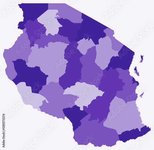 Map of Tanzania with regions. Just a simple country border map with region division. Deep purple color palette. Blank United Republic of Tanzania shape with administrative division.