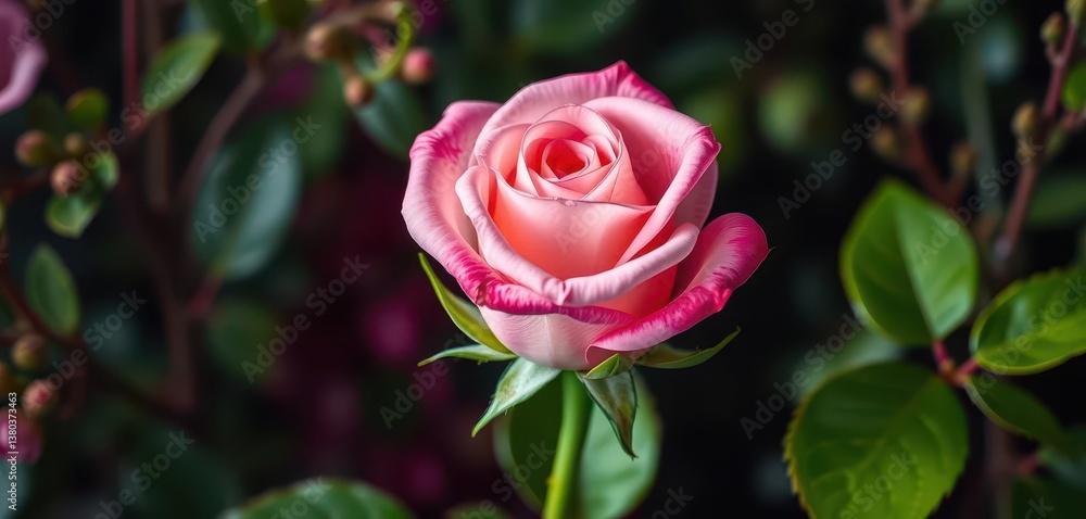 Delicate crystal rose stem, entwined with lush greenery, ethereal botanical artistry, art, nature Delicate crystal rose stem, entwined with lush greenery, ethereal botanical artistry, art, nature