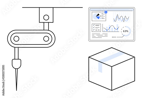 Robotic arm assembling product, dashboard analyzing performance metrics, sealed box awaiting dispatch. Ideal for automation, technology, efficiency, innovation, production, optimization flat simple