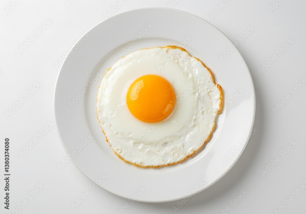 Delicious Sunny-Side-Up Fried Egg on White Plate, Breakfast Food, Culinary Cuisine, Overhead View. Delicious Sunny-Side-Up Fried Egg on White Plate, Breakfast Food, Culinary Cuisine, Overhead View.