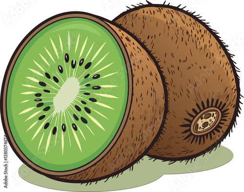 Vector Illustration of Fresh Kiwi Fruit with Sliced Half on Transparent Background – Perfect for Food and Botanical Designs