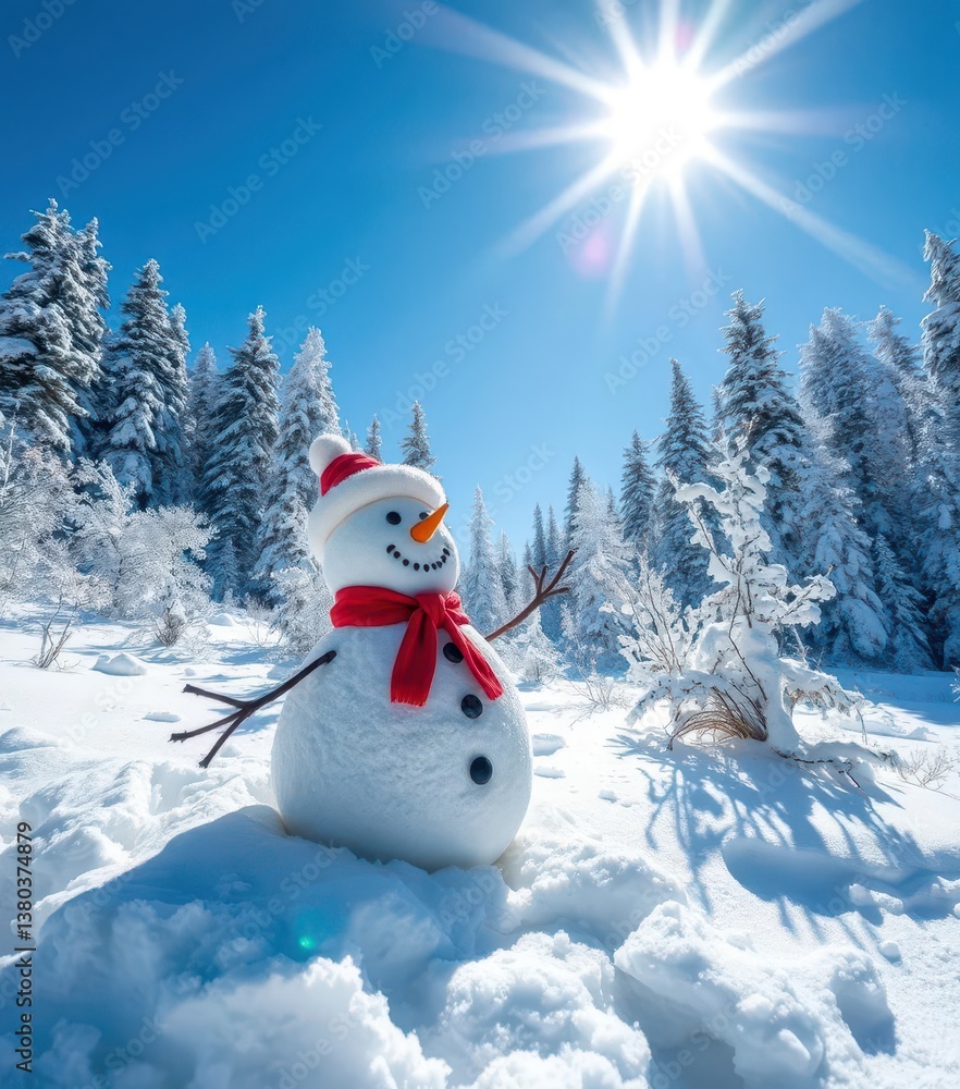 Obraz premium Frosty snowman basks in sunlit snowy forest clearing, serene blue sky, peaceful, magical