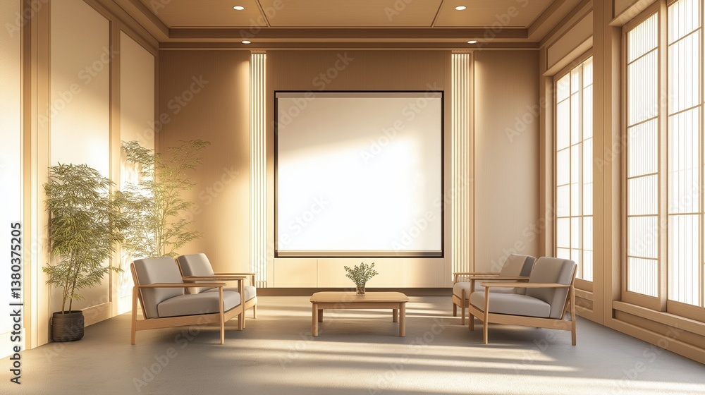 minimalist waiting area with light beige wooden paneling, a large blank white frame canvas mounted on the wall minimalist waiting area with light beige wooden paneling, a large blank white frame canvas mounted on the wall