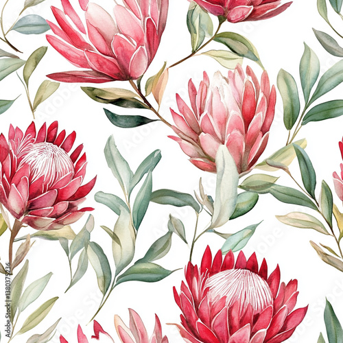 Watercolor red protea with greenery seamless pattern. Floral background.