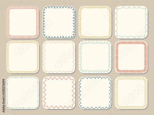 Cozy whimsical sticker frames with unique wavy, curly, dashed edges. Cute square stickers with doodle border. Template for stationery, planner, aesthetic social media graphic, label, tag, packaging