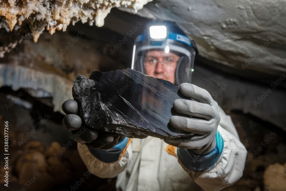 Obraz premium Miner shows a large piece of obsidian in a cave during an underground exploration at twilight