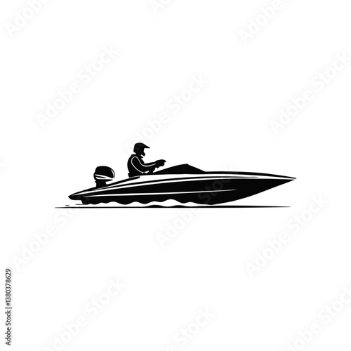 A black and white vector illustration of a jet boat making a sharp turn, creating a spray of water on a white background