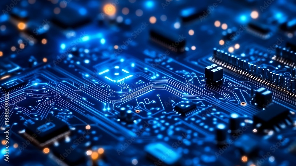 A macro closeup reveals the intricate green circuitry of an electronic computer board, showcasing its digital chip technology and vital hardware components A macro closeup reveals the intricate green circuitry of an electronic computer board, showcasing its digital chip technology and vital hardware components