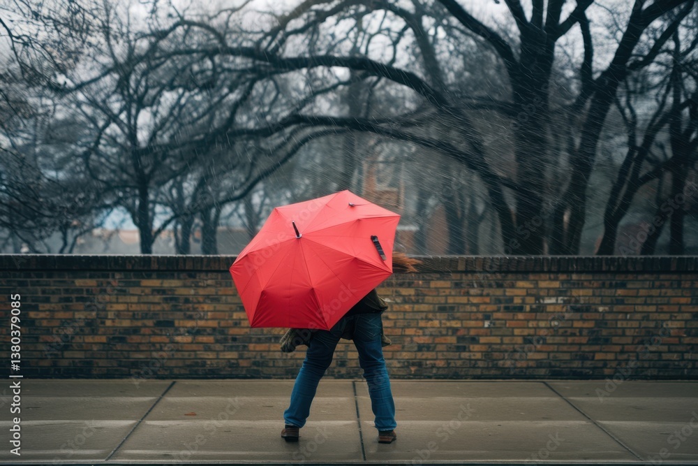 Obraz premium Person with a red umbrella standing on a damp sidewalk surrounded by bare trees on a cloudy day