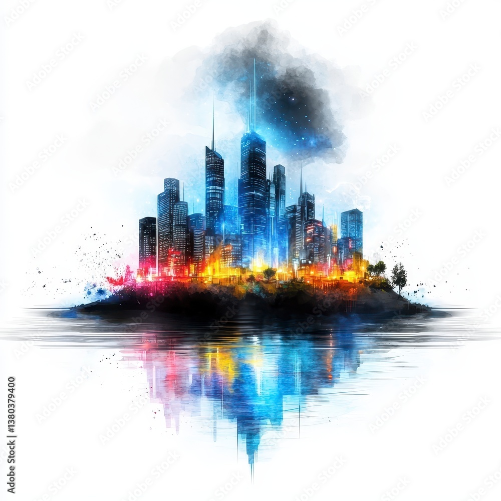 Obraz premium Night City Island Vibrant Watercolor Cityscape Reflection