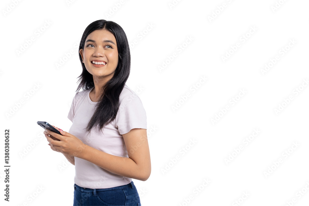 Happy young Asian woman holding smartphone and smiling while looking up, cheerful expression, isolated on transparent background Happy young Asian woman holding smartphone and smiling while looking up, cheerful expression, isolated on transparent background