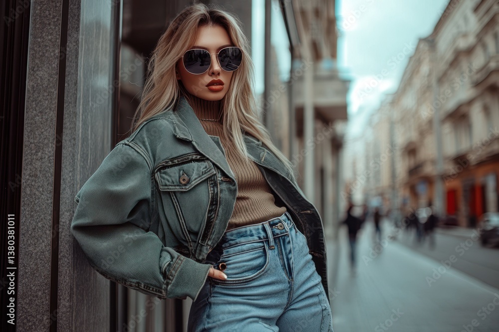Obraz premium Trendy young woman poses confidently on urban street in stylish casual outfit