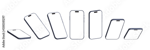 3D Black and Silver Smartphone and Mobile Phone Mockup: Multiple Angles with White Screen on White Background.  Vector illustration.