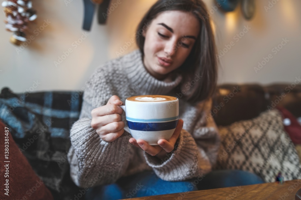 Woman enjoying a warm cup of coffee in a cozy cafe during a winter afternoon with rustic decor Woman enjoying a warm cup of coffee in a cozy cafe during a winter afternoon with rustic decor