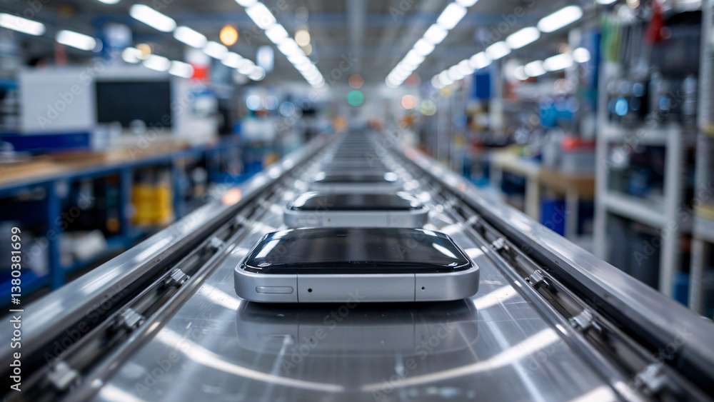 Automated Electronics Assembly Line. Electronic devices move along an automated conveyor belt in a modern factory. Represents tech production, efficiency, and assembly process. Automated Electronics Assembly Line. Electronic devices move along an automated conveyor belt in a modern factory. Represents tech production, efficiency, and assembly process.