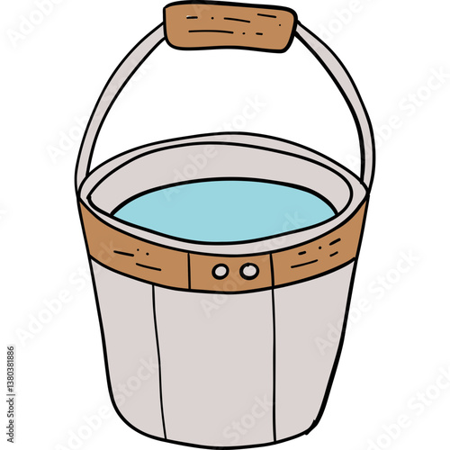 Farm theme, A simple bucket filled with water, featuring a wooden handle and a gray body.