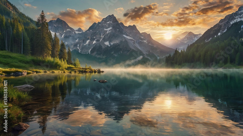 Serene Mountain Landscape with Reflective Lake at Sunrise or Sunset
