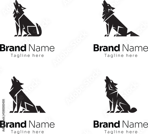 Set of four black wolf logo designs featuring howling wolves in geometric style, minimal logo design. minimal and modern fox logos