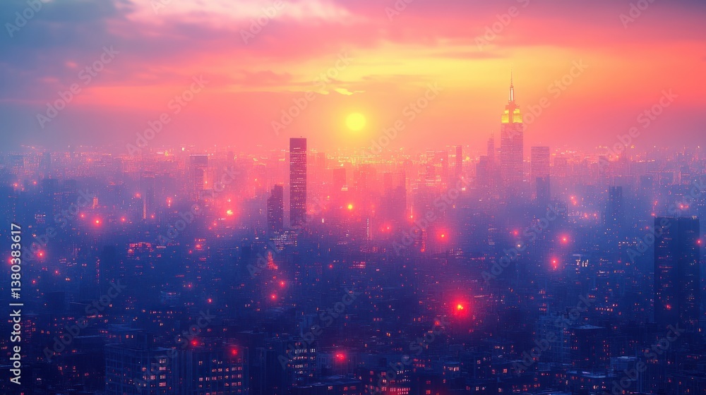 Blurry Cityscape at Twilight with Gradient Sky and Urban Lights for a Beautiful Evening Party Blurry Cityscape at Twilight with Gradient Sky and Urban Lights for a Beautiful Evening Party