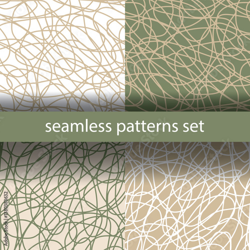 Seamless abstract patterns set, intertwining lines, green and beige  background. Dynamic, chaotic design, modern, energetic scratches, artistic scribbles, free hand, continued lines ink drawing style.