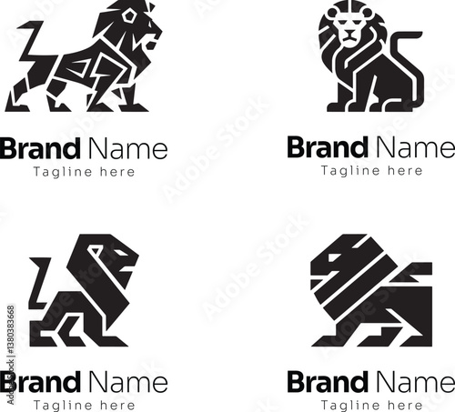 Set of geometric lion logo designs featuring bold and angular shapes, wildlife logo, minimal and modern lion logos vector illustration