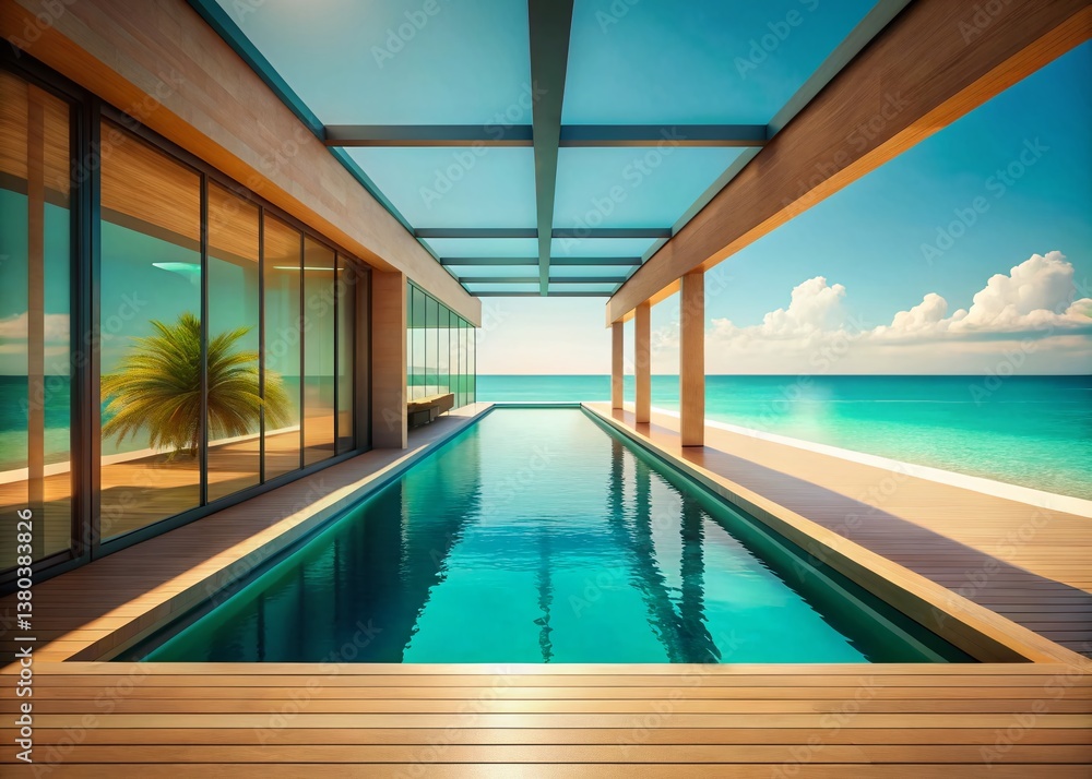 Fototapeta premium Luxury Beach House Pool Deck Walkway to Ocean Corridor