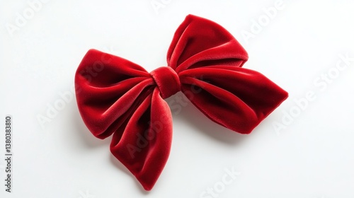 A beautifully crafted red velvet bow lays on white background