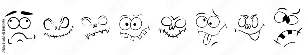 Halloween masks. Funny smiling faces and horrible faces. Faces for pumpkin. Vector decor for holiday Halloween masks. Funny smiling faces and horrible faces. Faces for pumpkin. Vector decor for holiday