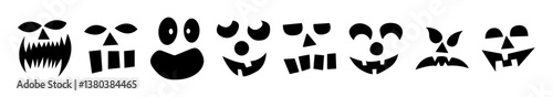 Halloween masks. Funny smiling faces and horrible faces. Faces for pumpkin. Vector decor for holiday
