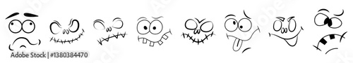 Halloween masks. Funny smiling faces and horrible faces. Faces for pumpkin. Vector decor for holiday