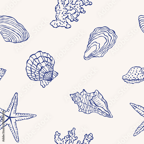 Seamless pattern with minimalistic blue seashells. Hand-drawn line art vector texture for textile, wallpaper and surface design.