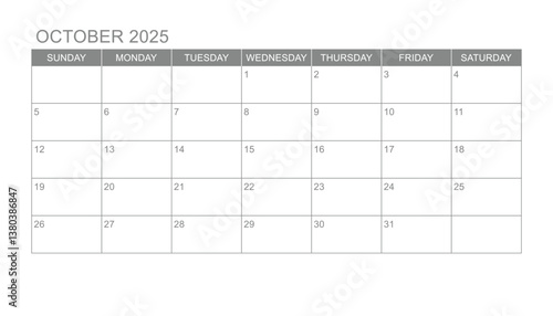 Classic monthly calendar for 2025. week starts on sunday. simple October 2025 calendar template. monthly planner design