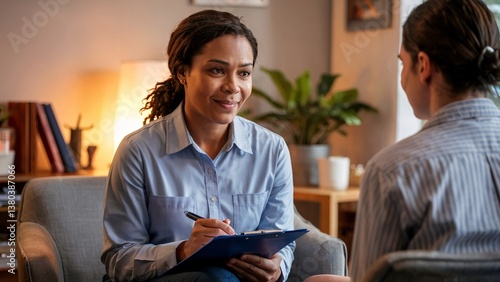 Therapist Engaging in Counseling Session with Client. Empathetic therapist attentively listens and takes notes during a supportive counseling session, creating a comfortable and trusting atmosphere.