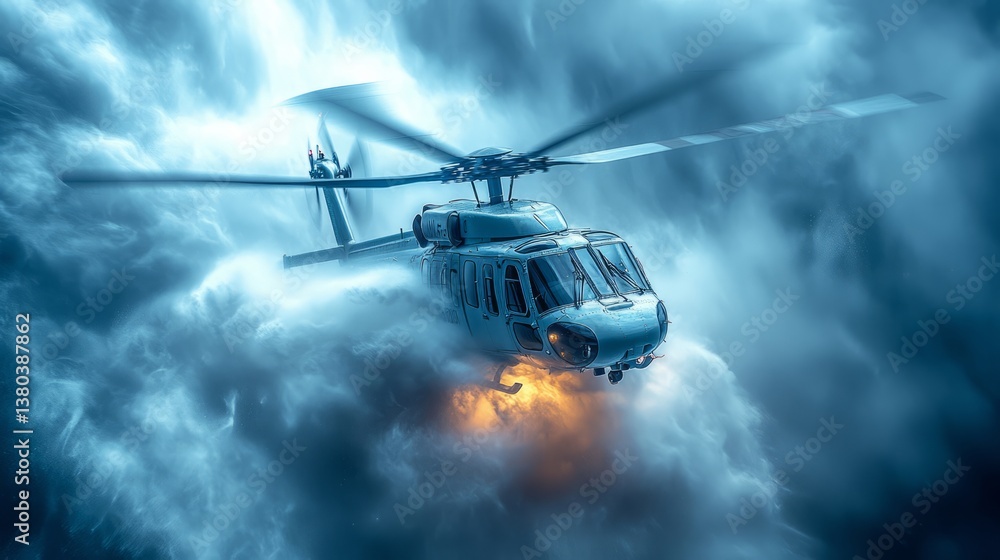 Whirling blades cut through dense clouds, revealing aerial agility and strength Whirling blades cut through dense clouds, revealing aerial agility and strength