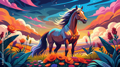 Under the painted sky, a majestic mustang mare stands tall among a sea of vibrant flowers, embodying the raw beauty and freedom of nature