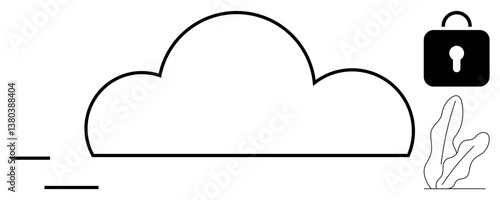 Cloud outline with lock for security and abstract lines for connectivity. Plant accent on side. Ideal for privacy, protection, cloud storage, cybersecurity, technology, online safety, flat simple