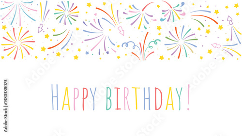 Happy Birthday banner. Template with salutes, fireworks, confetti and text. Horizontal greeting card with colorful bright holiday elements and congratulation. Vector graphic