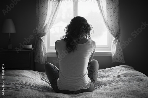 Sad lonely woman sitting on bed in dark minimalist room feeling stressed and anxious struggling with depression and despair