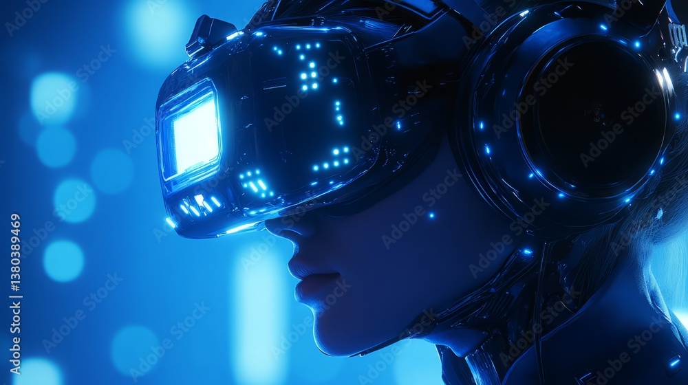 Cybernetic Immersion: A Digital Illustration of a Figure in VR Gear, Bathed in Blue Light, Suggesting a Futuristic Technological Experience. Cybernetic Immersion: A Digital Illustration of a Figure in VR Gear, Bathed in Blue Light, Suggesting a Futuristic Technological Experience.
