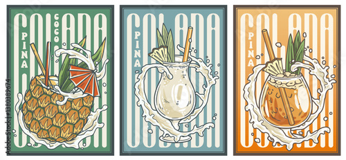 Pina Colada cocktail glass on retro, vintage poster with rum, slice of pineapple for design of surfing, tiki or beach bar menu. Alcohol cocktail set for drink party, summer vibes