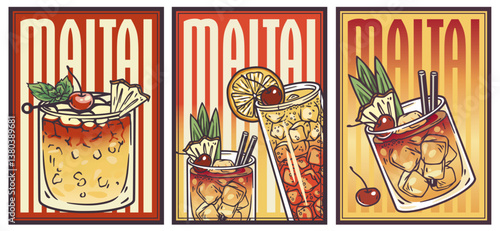 Mai tai cocktail glass on retro, vintage poster with ice and slice of orange, palm trees in background for design of surfing, tiki or beach bar menu. Alcohol cocktail set for drink party, summer bar