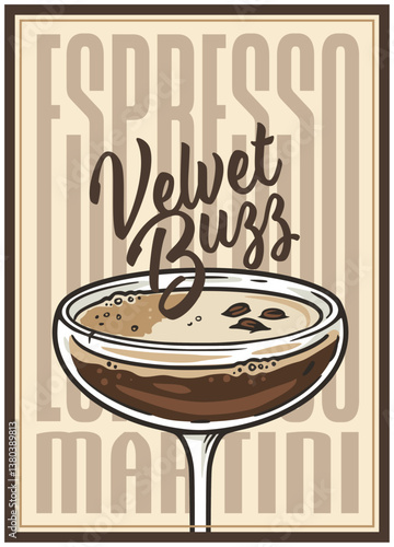 Martini espresso cocktail glass on retro poster with coffee beans for design of surfing, tiki, beach bar menu. ?offee martini velvet buzz, brown margarita alcohol cocktail for drink party summer vibes
