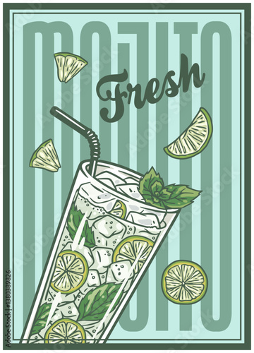 Mojito cocktail glass on retro, vintage poster or retro sign with rum and bourbon for design of surfing, tiki or beach bar menu. Gin rickey alcohol cocktail for drink party, summer vibes