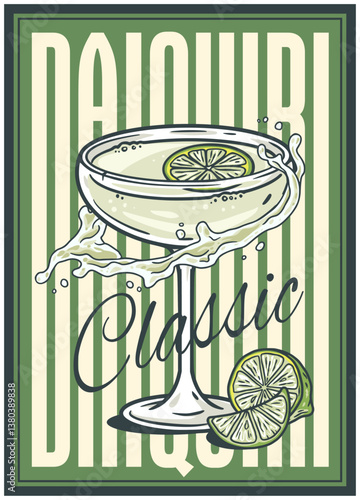 Daiquiri classic or margarita cocktail glass on retro, vintage poster with olive and splashes for design of surfing, tiki or beach bar menu. Martini alcohol cocktail for drink party, summer vibes