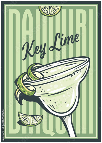 Daiquiri key lime or margarita cocktail glass on retro, vintage poster with olive and splashes for design of surfing, tiki or beach bar menu. Martini alcohol cocktail for drink party, summer vibes