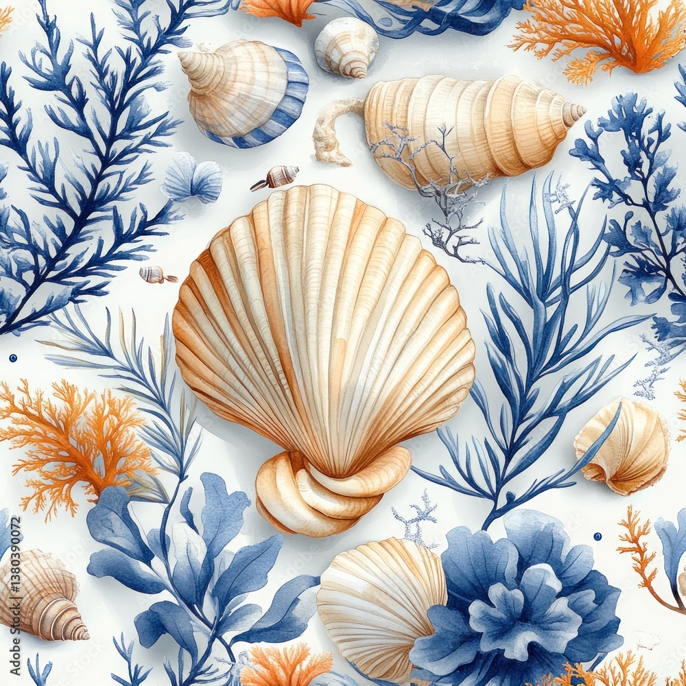 Fototapeta premium Seamless Underwater Pattern with Marine Life Seashells Corals Fish Whales Dolphins Starfish Jellyfish Plants